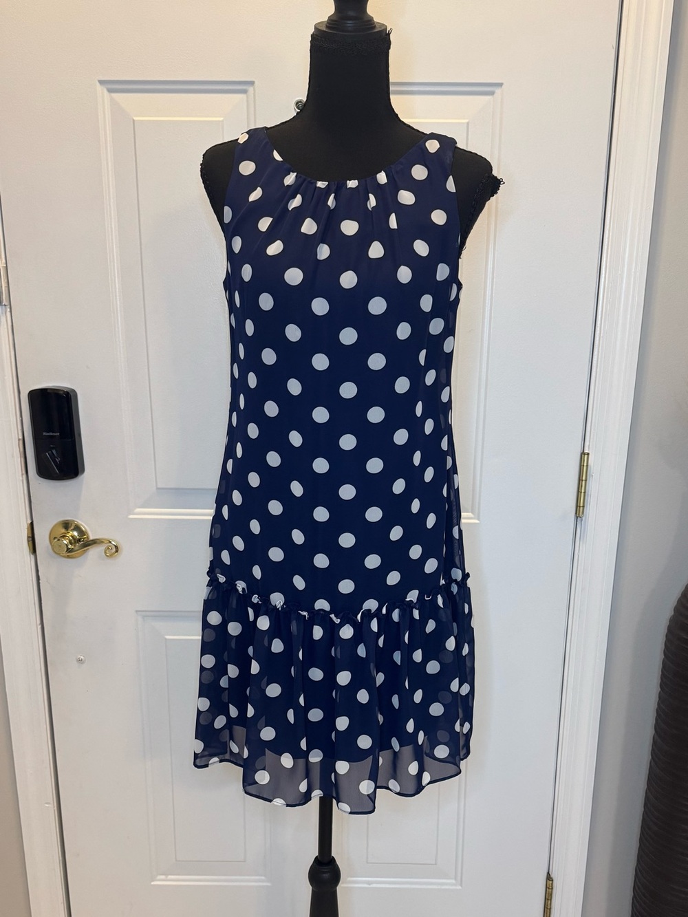 Jessica Howard Navy and White Polka Dot Sleeveless Dress